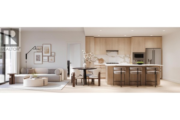 Open concept living and dining area with a sofa, coffee table, dining set, and kitchen island. - Ph2 4451 Hastings Street, Burnaby