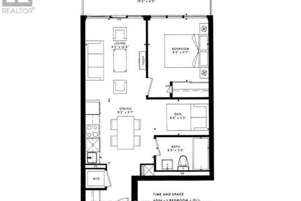 Floor plan of a one-bedroom condo with living, dining, kitchen, and den areas. - Ph3015 - 70 Princess Street, Toronto