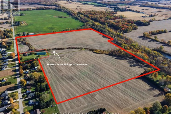 Aerial view of the farm property showing fields, wooded areas, and the property boundary marked in red. - Pt Lt 8 Queens Line, West Elgin