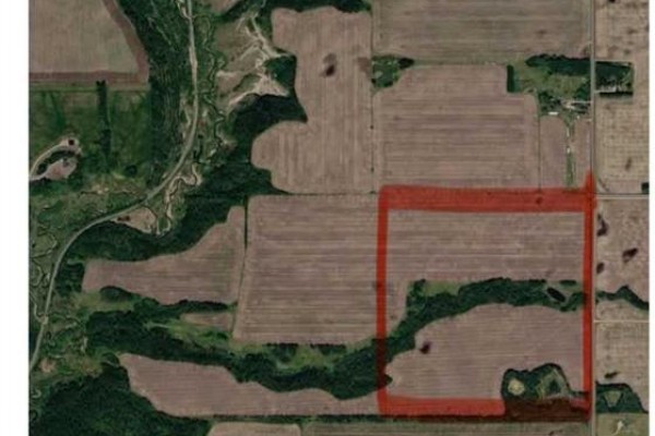 Aerial view of rural land with fields and trees, a square parcel highlighted in red. - Range Road 203 T4v1x4, Rural Camrose County