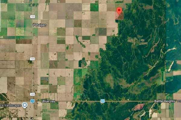 Satellite map displaying agricultural fields, roads, and forested areas in a rural landscape. - Rm Of Moose Range Farmland, Moose Range Rm No  486