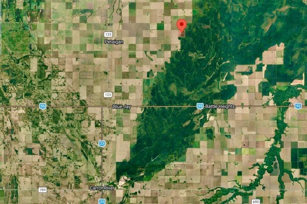 Broader satellite map showing provincial highways, scattered farms, and a large forest. - Rm Of Moose Range Farmland, Moose Range Rm No  486