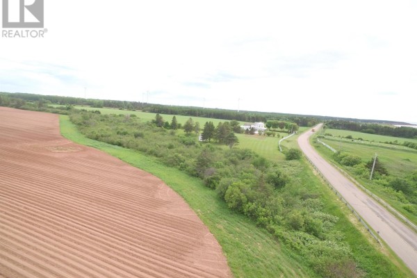 Aerial view showing cultivated fields, trees, a house, and a paved road. - Route 146, Strang Road, Cape Wolfe