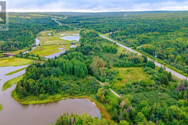 Aerial view of extensive wooded land with winding waterways, a highway, and green fields. - Route 19, Judique North