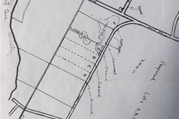 Hand-drawn map showing property lots A, B, C, and D off Highway 710 with labels for cleared field and cottage. - Route 710 Waterside, Cambridge Narrows