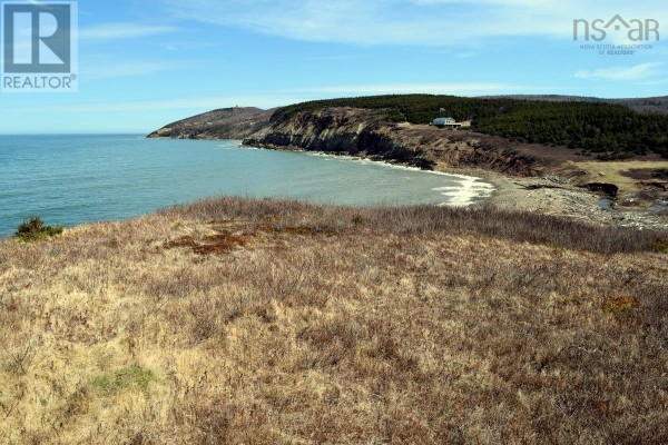 Grassy, dry hillside overlooking a rocky cove and a distant house on the cliff. - Shore Road, Hwy#219, St Rose