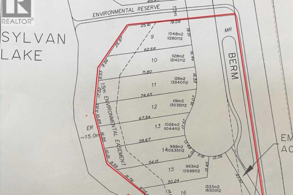 Survey map outlining lots with dimensions, easements, and berms near Sylvan Lake. - South Of Twin Fawn Subdivision, Jarvis Bay