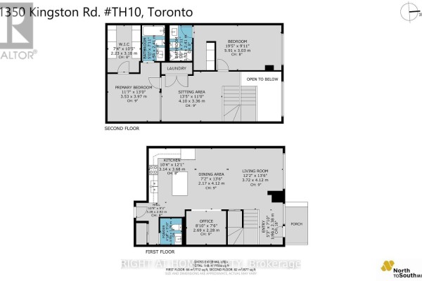 Floor plan showing first and second floor layouts with dimensions. - Th10 - 1350 Kingston Road, Toronto