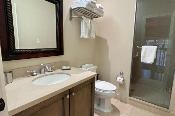 A bathroom with a single vanity, beige countertop, and a glass-enclosed shower. - Unit 11 - 301 Emerald Hills Court, Seguin