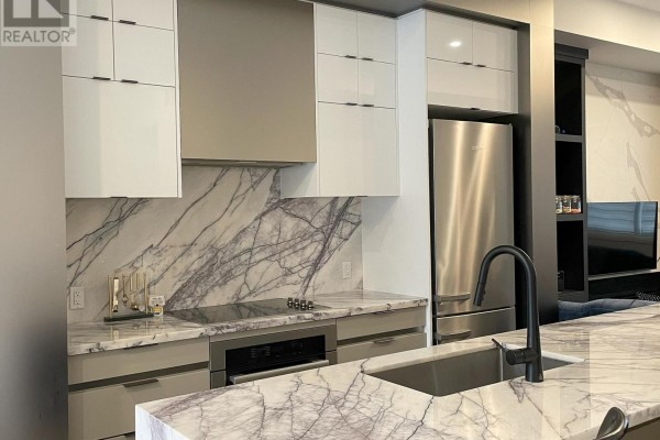 Close-up of a modern kitchen with marble backsplash, stainless steel appliances, and island. - Unit 5 - 25 Dervock Crescent, Toronto