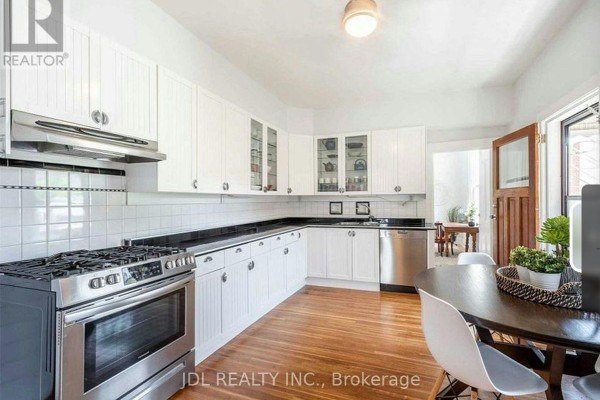 Kitchen with white cabinets, black tile backsplash, stainless steel appliances, and hardwood floors. - Unit A 2nd Floor - 137 Denison Ave Avenue, Toronto