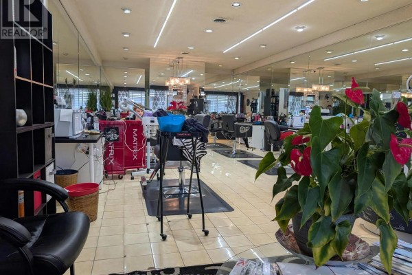View of a salon showing styling chairs, stations, and potted plants with red flowers. - Unit C - 3477 Portage Road, Niagara Falls