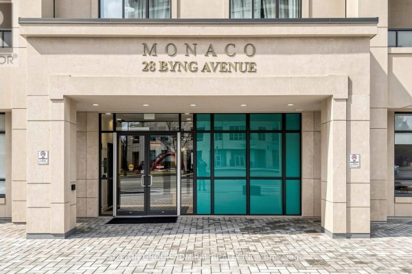 Glass double doors and windows leading into the Monaco building lobby at 28 Byng Avenue. - Uph09 - 28 Byng Avenue, Toronto