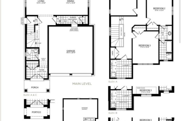 Floor plans for a main level, upper level, and basement of a house. - Detached 4 Bedrooms House - 10 Ken Davie Gate, Georgina