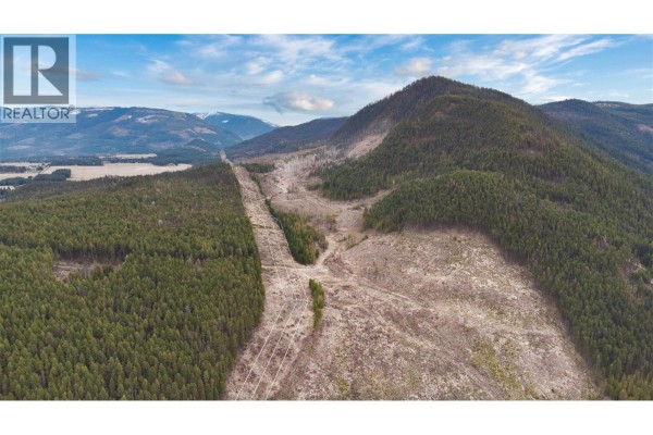 Drone view of a vast landscape featuring forested hills, a cleared area, and power lines stretching into the distance. - Walkem Road, Cherryville